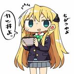  blonde_hair chibi commentary food gamers! green_eyes holding holding_food kanikama katsudon_(food) long_hair lowres school_uniform solo sweatdrop tendou_karen translated very_long_hair 