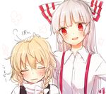  &gt;:( :d bangs blonde_hair blunt_bangs blush bow braid commentary_request dress_shirt frown fujiwara_no_mokou hair_bow honotai kirisame_marisa long_hair long_sleeves looking_at_another multiple_girls no_hat no_headwear open_mouth parted_lips petting red_eyes shirt side_braid silver_hair smile suspenders touhou upper_body v-shaped_eyebrows white_shirt 