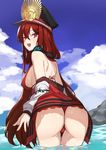  ass bare_shoulders bikini breasts cloud day fate/grand_order fate_(series) from_behind highres jacket k_jin long_hair looking_at_viewer looking_back medium_breasts oda_nobunaga_(fate) oda_nobunaga_(swimsuit_berserker)_(fate) red_bikini red_eyes red_hair sideboob sky solo swimsuit thighs wet 