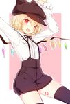  :d alternate_costume black_legwear blonde_hair blush collared_shirt commentary_request crystal flandre_scarlet flat_cap from_side hair_between_eyes hat honotai long_sleeves looking_at_viewer looking_to_the_side neck_ribbon open_mouth red_eyes ribbon shirt shorts side_ponytail smile solo suspender_shorts suspenders thighhighs touhou white_shirt wings 