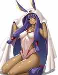  animal_ears bangs bare_legs bare_shoulders blunt_bangs breasts closed_mouth commentary_request dark_skin egyptian facial_mark fate/grand_order fate_(series) from_side hair_between_eyes hair_ornament highres jackal_ears long_hair looking_at_viewer looking_to_the_side low-tied_long_hair medium_breasts medjed nitocris_(fate/grand_order) nitocris_(swimsuit_assassin)_(fate) one-piece_swimsuit pink_eyes purple_hair simple_background smile solo swimsuit takanashi-a thighs very_long_hair 