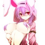  animal_ears animal_hood arm_belt breasts bunny_hood carro_(watarui) closed_mouth commentary_request earrings fake_animal_ears hair_censor hair_over_breasts highres hood hoodie jewelry large_breasts long_hair long_sleeves looking_at_viewer naked_hoodie open_clothes open_hoodie original purple_hair red_eyes revision shaded_face simple_background smile solo upper_body watarui white_background 