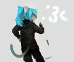  2017 anthro blue_hair cat clothed clothing feline female grey_background gun hair handgun holding_object holding_weapon hoodie kei_(glacierponi) mammal panzery25 pistol ranged_weapon rear_view red_eyes reloading signature simple_background solo weapon 