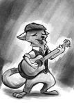  2017 anthro barefoot bluedouble canine clothed clothing disney eyes_closed fan_character fox greyscale guitar hat holding_object male mammal michael_b._kittson_(mike-b-kittson) monochrome musical_instrument open_mouth partially_colored playing_music rolled_up_sleeves standing vest zootopia 