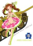  ;d absurdres barefoot bikini brown_eyes brown_hair caterpillar_tracks character_name collarbone emblem flat_chest floating_hair full_body girls_und_panzer grin ground_vehicle hair_ribbon head_tilt highres index_finger_raised innertube jagdpanzer_38(t) kadotani_anzu leg_up long_hair military military_vehicle motor_vehicle navel one_eye_closed ooarai_(emblem) open_mouth ribbon shiny shiny_skin side-tie_bikini simple_background smile solo standing swimsuit tank transparent twintails white_background yellow_bikini yellow_ribbon 