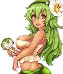  alternate_breast_size amalia_sheran_sharm bare_shoulders black_hairband breasts brown_eyes dark_skin eyebrows flower green_hair hair_flower hair_ornament hairband kinou_no_shika long_hair looking_to_the_side medium_breasts midriff open_mouth sadida simple_background smile solo wakfu white_background 