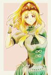  :o arm_behind_back blonde_hair breasts brown_eyes clair_(fire_emblem) elbow_gloves fingerless_gloves fire_emblem fire_emblem_echoes:_mou_hitori_no_eiyuuou gloves hand_in_hair jewelry large_breasts long_hair looking_at_viewer necklace parted_lips pink_background short_sleeves simple_background solo tiara upper_body 