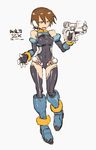  aile bare_shoulders boots breasts brown_hair full_body gloves green_eyes grey_background gun highres holding holding_gun holding_weapon kotoyama looking_to_the_side medium_breasts open_mouth rockman rockman_zx short_hair simple_background solo sweatdrop translation_request weapon 
