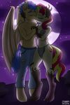  2014 absurd_res alternate_species anthro anthrofied bat_pony blonde_hair blue_hair blush breasts brown_feathers cleavage clothed clothing duo equestria_girls equine feathered_wings feathers female flash_sentry_(mlp) friendship_is_magic full_moon hair hi_res horn hybrid kissing loincloth male mammal moon multicolored_hair my_little_pony night outside pegasus red_hair romantic romantic_ambiance scar scratches sky star strangerdanger sunset_shimmer_(eg) timberwolf_(mlp) topless torn_clothing transformation two_tone_hair unicorn wings 