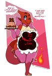  &lt;3 &lt;3_eyes 2017 abstract_background anthro apron armwear arnachy big_breasts blush breasts cake charmeleon claws cleavage clothed clothing dialogue elbow_gloves english_text eyelashes female fire flaming_tail food gloves legwear mama_charmeleon mother nintendo one_eye_closed parent pok&eacute;mon ribbons seductive smile solo speech_bubble standing stockings text thick_thighs toe_claws video_games wide_hips wink 