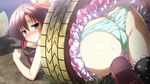  ass blush bottom_up_top_down brown_hair game_cg green_eyes green_panties hair_ornament panties pantyshot sakurai_mayura soreyori_no_prologue stuck thighhighs through_tire tire top-down_bottom-up underwear upskirt 