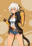  &gt;:) ass_visible_through_thighs bare_legs belt belt_buckle black_gloves black_jacket blazblue blazblue:_chronophantasma blue_shorts blush breasts brown_belt buckle bullet_(blazblue) cleavage clenched_hands collarbone commentary_request cutoffs dark_skin denim denim_shorts feet_out_of_frame fighting_stance fingerless_gloves gloves grin hands_up jacket large_belt large_breasts legs_apart looking_at_viewer loose_belt micro_shorts naginoya navel nose_blush open_clothes open_jacket scar short_hair shorts smile solo spiked_hair standing v-shaped_eyebrows very_short_hair white_hair yellow_eyes 