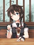  ahoge bangs black_gloves black_serafuku blue_eyes blurry blurry_background blush braid breasts brown_hair closed_mouth commentary commentary_request dot_nose fingerless_gloves food glass gloves hair_ornament hair_ribbon hand_on_table head_tilt holding holding_spoon ice_cream kantai_collection looking_at_viewer medium_breasts necktie one_eye_closed parfait pov_across_table red_neckwear red_ribbon ribbon sailor_collar school_uniform serafuku shigure_(kantai_collection) short_sleeves sitting smile solo spoon table tress_ribbon tsukira_(amayadori) 