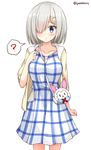  ? alternate_costume between_breasts blue_eyes blush breasts chaa_(korone-ze) cosplay dress fate/grand_order fate_(series) fou_(fate/grand_order) hair_ornament hair_over_one_eye hairclip hamakaze_(kantai_collection) highres kantai_collection large_breasts look-alike looking_at_viewer mash_kyrielight mash_kyrielight_(cosplay) plaid plaid_dress short_hair silver_hair solo strap_cleavage 