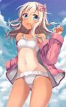  :d alternate_costume blonde_hair blue_eyes cloud commentary day highres jacket kantai_collection long_hair long_sleeves natsu_narumi nontraditional_school_swimsuit one-piece_tan open_clothes open_jacket open_mouth pink_jacket ro-500_(kantai_collection) school_swimsuit sky smile solo stomach swimsuit tan tanline white_school_swimsuit white_swimsuit 
