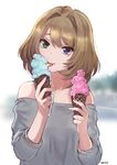 artist_name bare_shoulders blue_eyes brown_hair commentary_request food green_eyes heterochromia ice_cream ice_cream_cone idolmaster idolmaster_cinderella_girls licking looking_at_viewer meto31 mole mole_under_eye off-shoulder_sweater short_hair simple_background sleeves_pushed_up solo sweater takagaki_kaede upper_body 