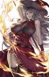  arm_up armpits breasts eu03 fire flame granblue_fantasy highres huge_breasts long_hair magisa_(granblue_fantasy) red_eyes silver_hair simple_background solo staff white_background 