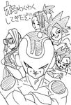  2girls 3boys alien artist_request blush cabba caulifla character_request dragon_ball dragon_ball_super frost_(dragon_ball) glasses kale_(dragon_ball) looking_at_viewer monochrome multiple_boys multiple_girls muscle ponytail smile 