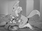  ambiguous_gender anthro armwear bed bridal_gauntlets canine chest_tuft claws clothing conditional_dnp digimon finger_to_mouth fox grey_background guilmon mammal markings monochrome renamon reptile scalie scappo simple_background tuft 