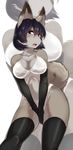  2017 absurd_res anthro armwear big_breasts bikini black_eyes black_gloves black_hair black_legwear blush breasts buried_frog canine cleavage clothed clothing elbow_gloves eyebrows eyelashes fangs female fur gloves grey_fur hair hi_res kemono legwear looking_at_viewer mammal open_mouth short_hair solo swimsuit thigh_highs tongue white_bikini 