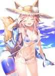  :d ^_^ animal_ears bikini blue_bikini breasts cleavage closed_eyes cowboy_shot ears_through_headwear fang fate/extra fate/grand_order fate_(series) fox_ears fox_tail hat highres innertube long_hair medium_breasts navel open_mouth pink_hair see-through shirt short_sleeves side-tie_bikini smile solo straw_hat string_bikini sun_hat swimsuit t-shirt tail tamamo_(fate)_(all) tamamo_no_mae_(fate) tamamo_no_mae_(swimsuit_lancer)_(fate) towel umibouzu_(niito) wet wet_clothes wet_shirt wet_t-shirt white_shirt wrist_cuffs 