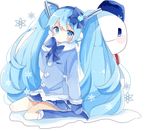  big_hair blue_bow blue_coat blue_eyes blue_footwear blue_hair blue_mittens blue_skirt blush boots bow coat crystal earmuffs full_body fur-trimmed_boots fur-trimmed_coat fur_trim hair_between_eyes hair_bow hairband hand_on_own_face hatsune_miku knee_boots long_hair long_sleeves looking_at_viewer mittens pleated_skirt scarf sitting skirt snowflakes snowman solo tsukiyo_(skymint) twintails very_long_hair vocaloid wariza white_background winter_clothes winter_coat yuki_miku 