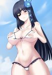  bangs bikini black_eyes black_hair blue_ribbon blue_sky blunt_bangs blush breasts closed_mouth collarbone commentary_request covered_nipples cowboy_shot day eyepatch flower frilled_bikini_bottom frills frown groin hair_flower hair_ornament hair_ribbon highres large_breasts long_hair maki_ikazuya micro_bikini nagisa_(psp2i) navel phantasy_star phantasy_star_portable_2_infinity ribbon sky solo stomach swimsuit tress_ribbon white_bikini 