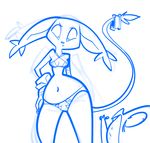 anthro bikini blue_and_white breasts claws clothing digimon ear_tuft female gatomon gloves long_tail monochrome navel oddjuice patamon pose sketch solo solo_focus swimsuit tail_ring thumbs_up tuft wide_hips 