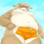  belly bulge clothing eyewear glasses lagomorph male mammal overweight overweight_male rabbit simple_background solo swimsuit totemoii_029 