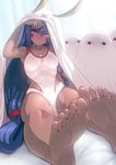  &lt;o&gt;_&lt;o&gt; armpits aya_shobon barefoot blush commentary_request covered_navel dark_skin earrings facial_tattoo fate/grand_order fate_(series) feet jewelry lifting_covers long_hair looking_at_viewer medjed necklace nitocris_(fate/grand_order) nitocris_(swimsuit_assassin)_(fate) one-piece_swimsuit pov_feet purple_eyes purple_hair sitting soles swimsuit tattoo toes 