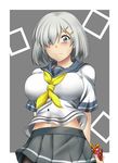  black_legwear blush box breasts commentary_request cowboy_shot eyes_visible_through_hair gift gift_box gloves hair_ornament hair_over_one_eye hairclip hamakaze_(kantai_collection) highres impossible_clothes impossible_shirt kantai_collection large_breasts looking_at_viewer maki_ikazuya navel neckerchief pantyhose pleated_skirt school_uniform serafuku shirt short_hair short_sleeves silver_eyes silver_hair skirt solo sweat white_gloves yellow_neckwear 