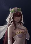  absurdres bare_shoulders breasts bridal_veil brown_hair choker cleavage collarbone covered_navel dress elbow_gloves fate/grand_order fate_(series) gloves head_wreath highres long_hair looking_at_viewer medium_breasts red_eyes scathach_(fate)_(all) scathach_(fate/grand_order) sleeveless sleeveless_dress solo upper_body veil very_long_hair white_gloves yin_lan_xue 