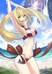  ahoge armpits arms_up bangs beach bikini blonde_hair breasts commentary_request contrapposto cowboy_shot criss-cross_halter day eyebrows_visible_through_hair fate/grand_order fate_(series) fisheye hair_intakes halter_top halterneck highres large_breasts lip-mil long_hair looking_at_viewer navel nero_claudius_(fate)_(all) nero_claudius_(swimsuit_caster)_(fate) open_mouth outdoors red_bikini side-tie_bikini sidelocks smile solo standing striped striped_bikini swimsuit teeth twintails 