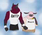  bat black_bottomwear black_clothing blush caprine clothed clothing dhalo_(himeros) duo fur hand_holding himerosthegod male mammal mova_(himeros) muscular romantic_couple sheep simple_background 