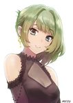  artist_name black_dress blue_eyes commentary_request dress earrings green_eyes green_hair heterochromia idolmaster idolmaster_cinderella_girls jewelry looking_at_viewer meto31 mole mole_under_eye short_hair simple_background smile solo takagaki_kaede upper_body white_background 