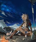 :t arm_support armband black_jacket blazblue blazblue:_chronophantasma blue_shorts blue_sky boots bottle breasts brown_eyes brown_footwear brown_gloves bullet_(blazblue) campfire cleavage cloud cloudy_sky collarbone commentary_request cup cutoffs dark_skin denim denim_shorts eating facial_scar fingerless_gloves fire fisheye food full_body georugu13 gloves gold_trim gradient_sky grey_hair high_belt high_collar highres jacket knee_boots knee_up large_breasts legs looking_afar meat micro_shorts mountainous_horizon mug navel nebula night night_sky nose_scar open_clothes open_jacket outdoors raw_meat scar short_hair shorts sitting sky solo spiked_hair spread_legs star_(sky) starry_sky stomach very_short_hair 