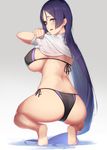  absurdres ass back barefoot bikini black_bikini blush breasts enosan fate/grand_order fate_(series) grey_background highres large_breasts long_hair looking_at_viewer looking_back minamoto_no_raikou_(fate/grand_order) purple_bikini purple_eyes shirt_lift side-tie_bikini simple_background smile soles solo squatting swimsuit thighs tiptoes underwear 