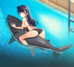  absurdres ass bangle bangs barefoot bikini bikini_bottom black_bikini_bottom black_hair blush bracelet breasts eun_bari from_above from_behind full_body hair_bun highres inflatable_shark inflatable_toy jewelry long_hair looking_back love_live! love_live!_sunshine!! medium_breasts pink_eyes pool pool_ladder side_bun solo squinting straddling swimsuit topless tsushima_yoshiko water 