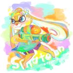  2015 anthro barefoot blue_eyes brown_fur chipmunk clarice clothed clothing cosplay crossover digital_media_(artwork) disney feet flower flower_in_hair fur hair mammal nintendo orange_hair plant ranged_weapon red_nose rodent shorts solo splatoon toes video_games weapon 