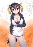  &gt;:) 8000 black_hair breasts cleavage commentary_request crossover hand_in_pocket hood hoodie kemono_friends kenzen_robo_daimidaler large_breasts multicolored_hair penguin_tail red_eyes rockhopper_penguin_(kemono_friends) signature smile streaked_hair tail twitter_username unzipping v-shaped_eyebrows 