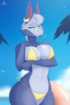  2017 anthro bat big_breasts bikini biped blue_body blue_sky breasts cleavage clothed clothing countershading day digital_media_(artwork) drakeraynier fangs female fully_clothed green_eyes hi_res mammal midriff outside skimpy sky solo swimsuit vivian_(valtik) voluptuous water wide_hips yellow_bottomwear yellow_topwear 