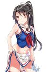  1girl bare_shoulders black_hair breasts cheerleader gleision_adain high_school_fleet holding_skirt looking_at_viewer munetani_mashiro navel ponytail red_eyes simple_background skirt smile thighs 