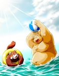  ball beach beach_ball canine cloud dog duo floating futaba_kotobuki golden_retriever lifesaver male mammal namihira_kousuke obese outside overweight partially_submerged red_panda seaside summer sunny takaki_takashi trouble_(series) water 