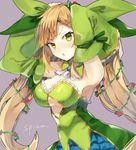  armpits arms_up ascot bangs blonde_hair blush bow breasts character_name cleavage commentary_request detached_collar detached_sleeves eyebrows_visible_through_hair flower green_bow green_eyes grey_background hair_bow kasuka_(kusuki) long_hair looking_at_viewer medium_breasts nose_blush open_mouth plant sennen_sensou_aigis simple_background solo spica_(sennen_sensou_aigis) twintails upper_body vines 
