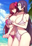  armlet bangs beach bikini blue_sky breast_hold breasts bright_pupils choker cloud cloudy_sky collarbone contrapposto covered_navel cowboy_shot day evan_yang eye_contact eyebrows_visible_through_hair fate/grand_order fate_(series) flower hair_between_eyes hair_flower hair_ornament halterneck highres huge_breasts large_breasts long_hair looking_at_another minamoto_no_raikou_(fate/grand_order) multiple_girls navel o-ring o-ring_swimsuit outdoors parted_bangs pink_bikini pink_hair purple_eyes purple_hair red_eyes scathach_(fate)_(all) scathach_(swimsuit_assassin)_(fate) sky standing strap_lift swimsuit very_long_hair white_pupils yuri 