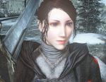  1girl black_hair dark_souls_iii dress game_screenshot snow solo sword weapon 