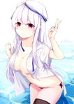  artist_name azur_lane bangs bikini bikini_bottom black_bikini black_legwear breasts clenched_hand closed_mouth cygnet_(azur_lane) dress_shirt eyebrows_visible_through_hair hair_bun hat highres khibiki large_breasts long_hair looking_at_viewer no_bra open_clothes open_shirt red_eyes ribbon shirt side-tie_bikini solo sweatdrop swimsuit thighhighs v very_long_hair water wavy_mouth white_hair white_shirt 