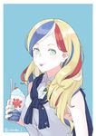  :p alternate_costume aqua_eyes aqua_nails badge blonde_hair blue_background blue_eyes blue_hair blue_tongue button_badge casual cherry collared_shirt commandant_teste_(kantai_collection) cup drinking_straw flower food fruit highres holding holding_cup kantai_collection kooribata long_hair looking_at_viewer multicolored_hair nail_polish neckerchief red_hair shaved_ice shirt simple_background sleeveless sleeveless_shirt smile solo star streaked_hair sunflower tongue tongue_out twitter_username ueno_(sakumogu-029) upper_body white_hair white_shirt 