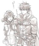  1girl ^_^ akke armor belt blush brother_and_sister cape closed_eyes detached_sleeves dirty elbow_gloves fire_emblem fire_emblem:_souen_no_kiseki gloves hair_tubes hand_on_another's_head headband ike messy_hair mist_(fire_emblem) monochrome open_mouth pauldrons scarf short_hair shoulder_armor siblings skirt smile staff translated 