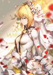  ahoge bangs belt belt_buckle blonde_hair breasts bridal_veil buckle center_opening chain cleavage closed_mouth collar detached_collar fate/extra fate/extra_ccc fate_(series) flower from_side gloves green_eyes hair_between_eyes hair_flower hair_intakes hair_ornament head_wreath highres kyjsogom leotard lock long_sleeves looking_away medium_breasts nero_claudius_(bride)_(fate) nero_claudius_(fate)_(all) padlock padlocked_collar petals plant short_hair sidelocks signature thighhighs veil watermark web_address white_gloves white_leotard zipper 